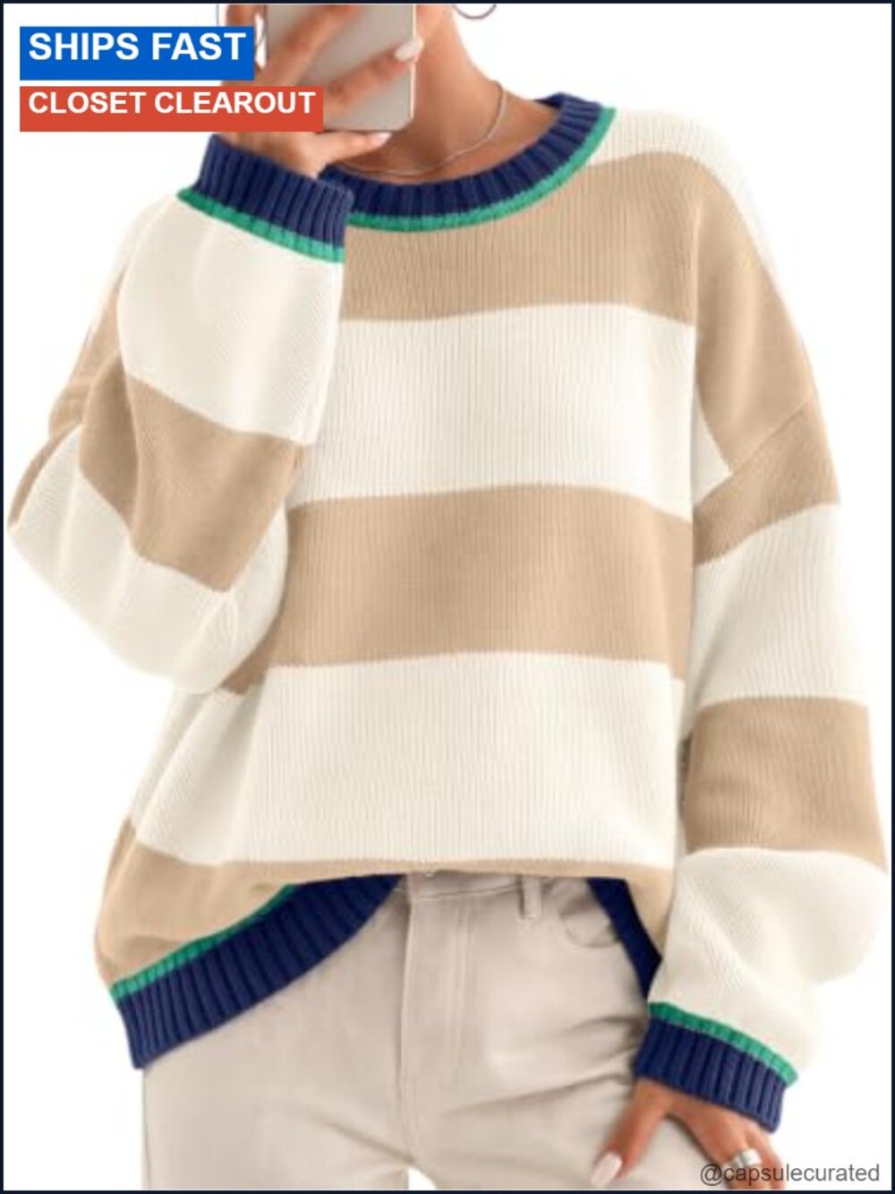 Oversized Striped Cotton Acrylic Crewneck Pullover Sweater